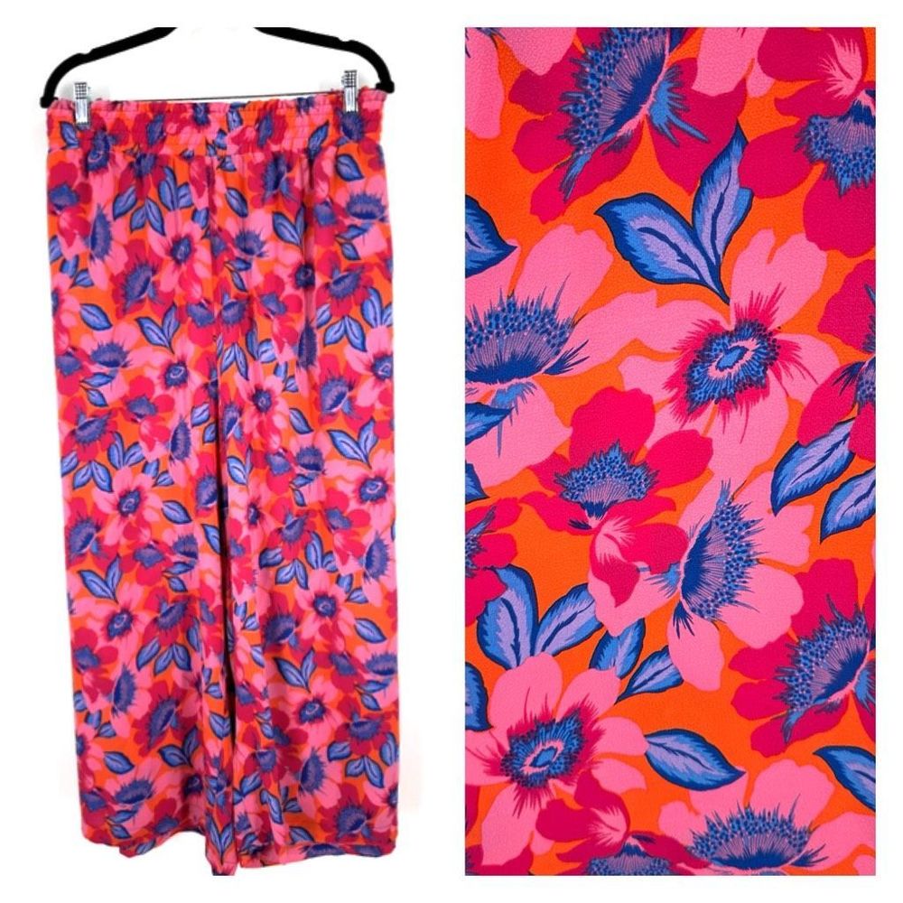 NWT Rose + Olive Women's Floral High Waist Crop Wide Leg Pants Blue Pink Size 3X - Picture 1 of 14